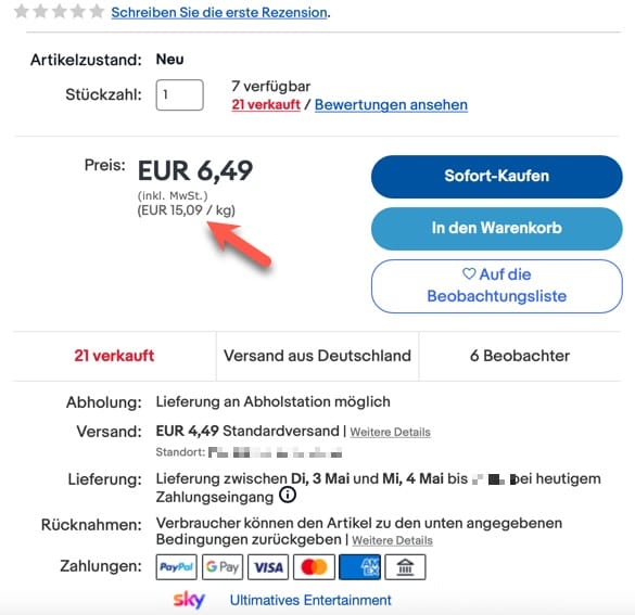 eBay Grundpreis Anzeige