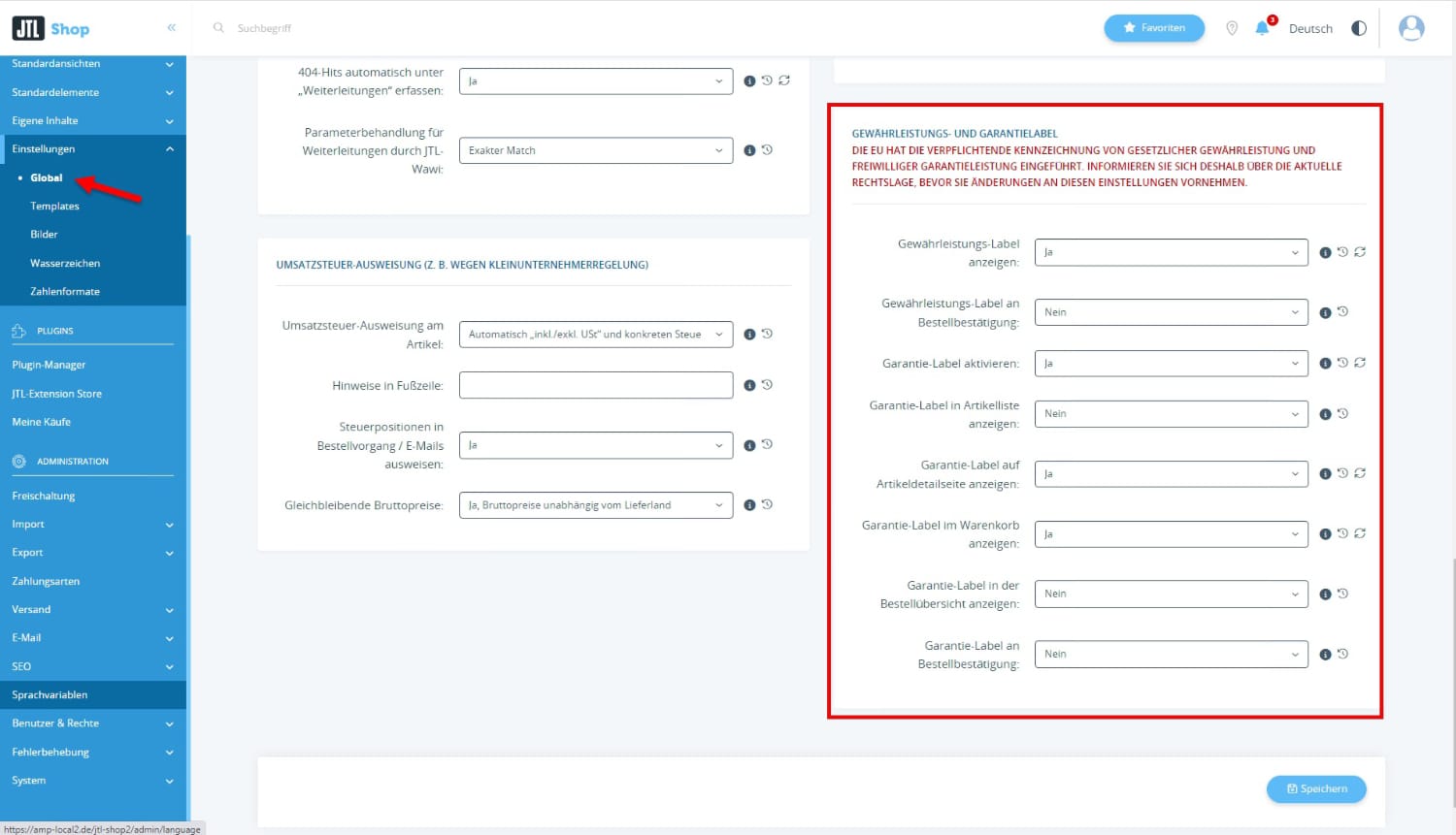 JTL-Shop Backend-Einstellungen für Gewährleistungs- und Garantielabel unter Einstellungen > Global