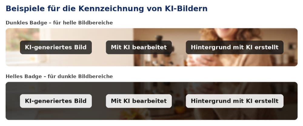 Beispiele für Kennzeichnungen von KI-Bildern im Onlineshop