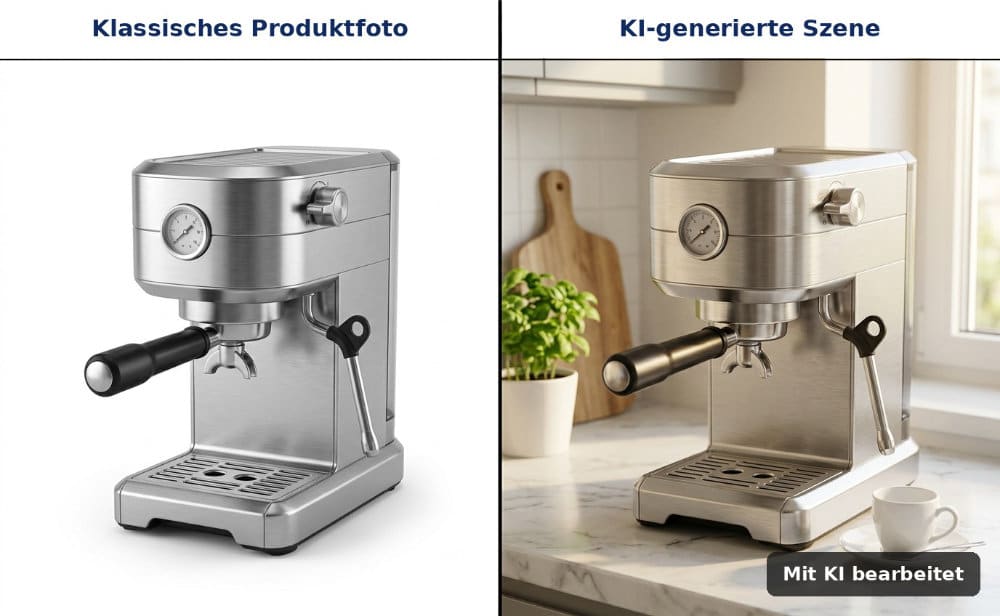 Vergleich: klassisches Produktfoto und KI-Szene mit Kennzeichnung